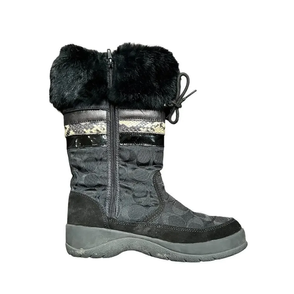 ▶️ Coach ◀️ Lorna Black Monogram Boots With Rabbit Fur Trim Size 7
